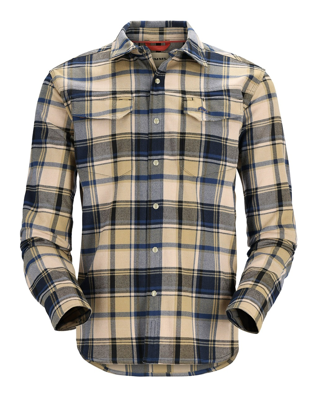 Simms M's Gallatin Flannel LS Shirt - Camel/Navy Woodsman Plaid - Medium